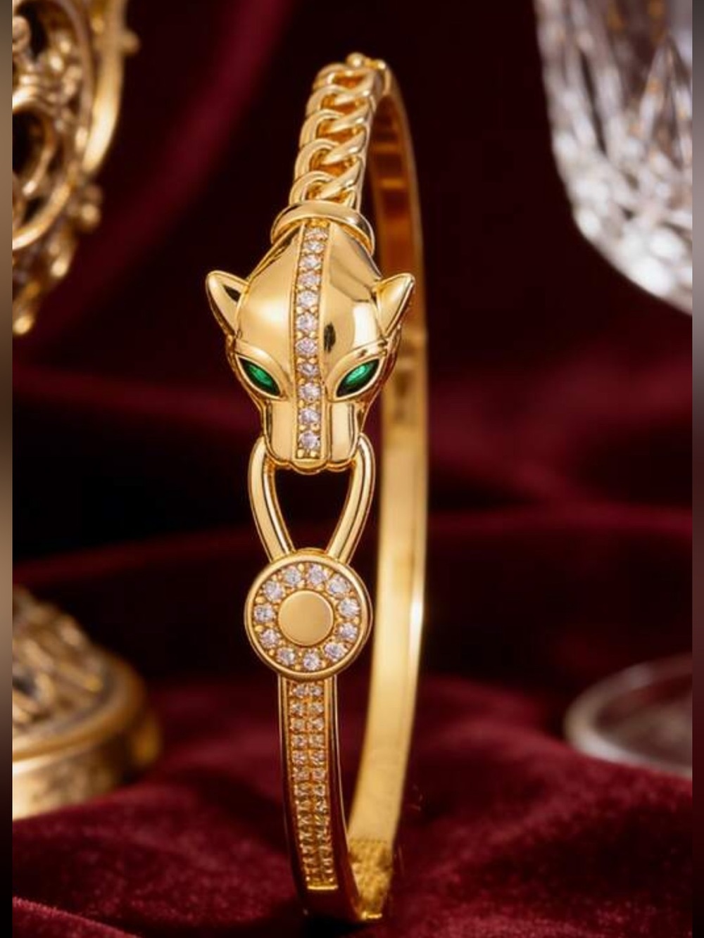 Gold Panther Head Bangle Bracelet with Green Eyes nwt 7.25”